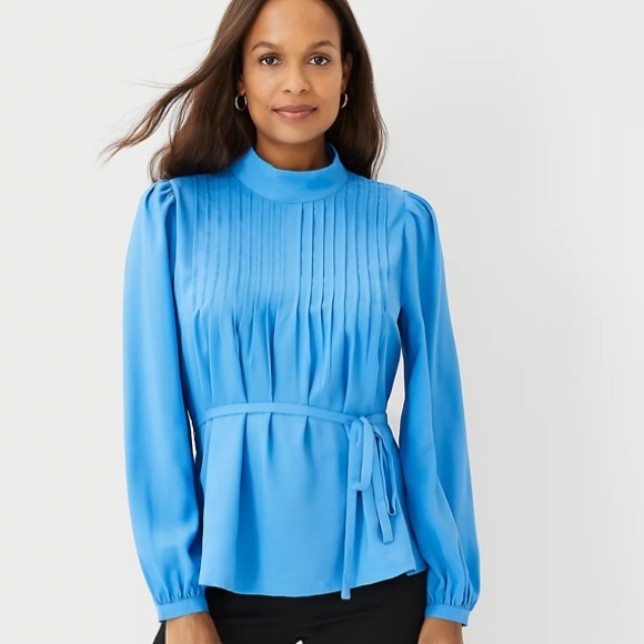 Ann Taylor Tops - NWT Ann Taylor Blue Long Sleeve Tie Waist Blouse Size XS